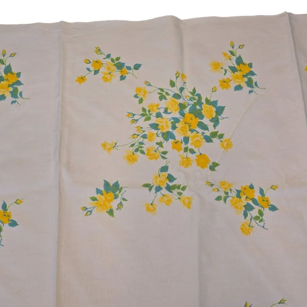 Vintage Floral Tablecloth 53x65 Yellow Roses Mid-Century Country Cottage Style